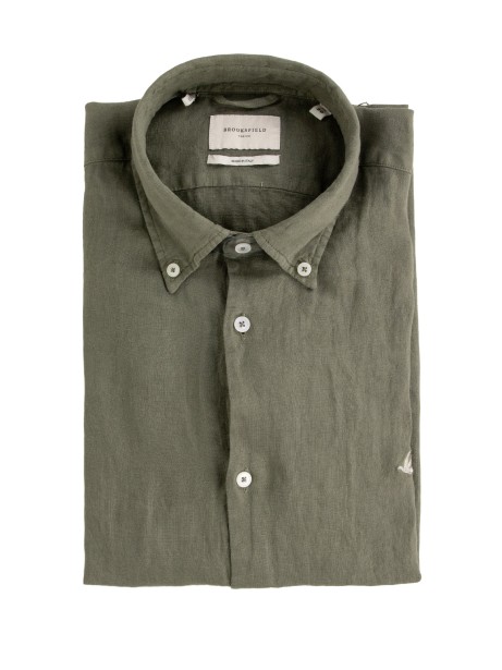 Camicia Slim Fit con Collo Spread in Cotone Smerigliato Fantasia Mini Pied de Poule Verde Militare