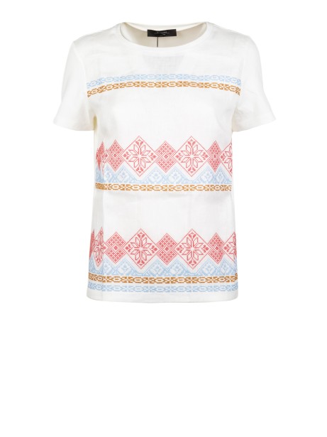 T-shirt in lino ricamato e cotone stretch - BIANCO