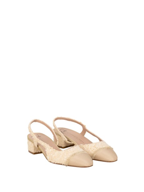 Slingback Acanto in Tweed Avorio con Punta Sfrangiata e Tacco Basso