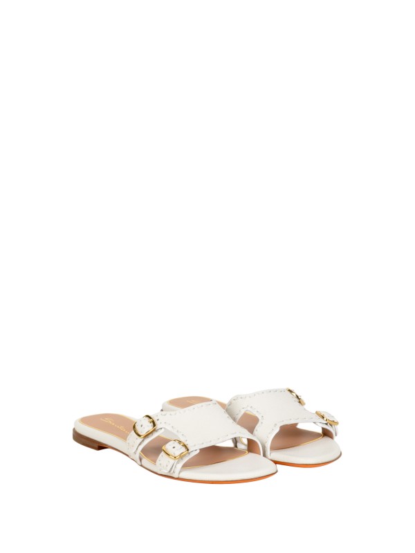 Santoni Women's White Leather Double-Buckle Didi Slide Sandal