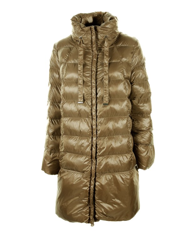 Long brown down jacket with zip and maxi drawstring