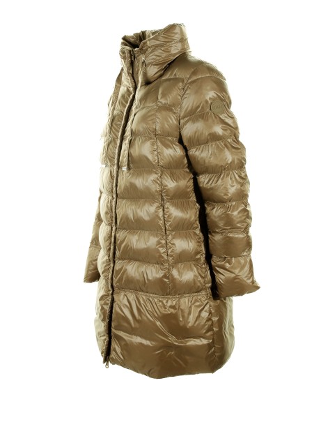 Long brown down jacket with zip and maxi drawstring 2