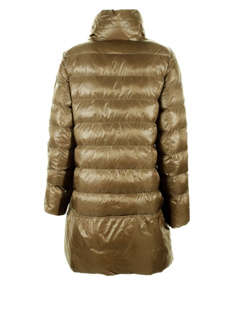 Long brown down jacket with zip and maxi drawstring