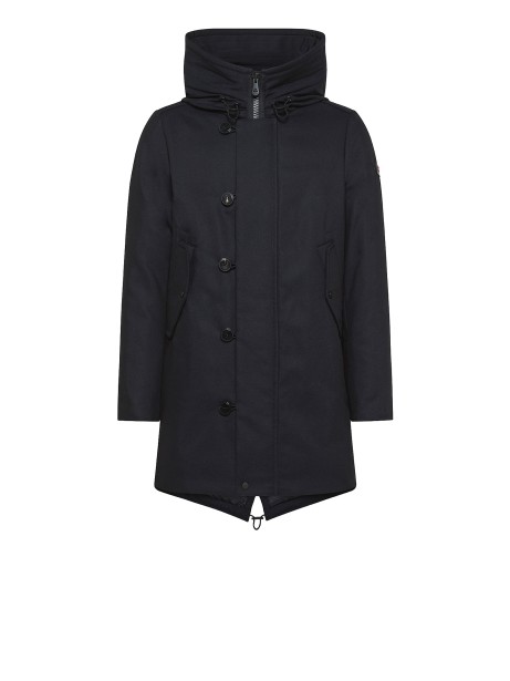 Long blue parka with removable hood
