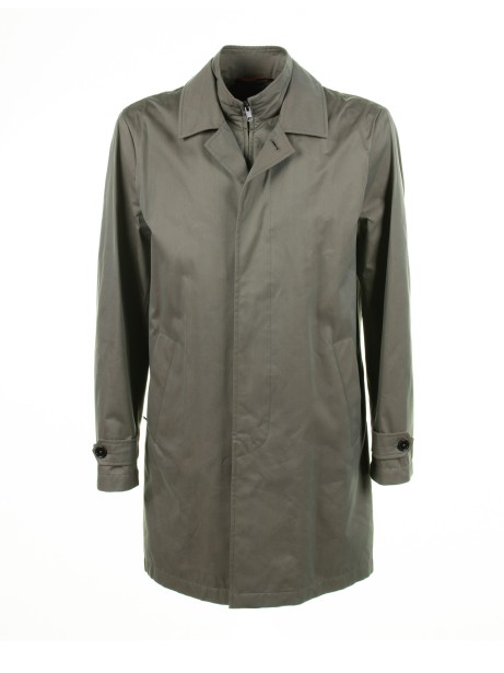 Long green jacket with zip and collar