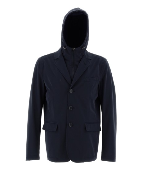 Navy blue jacket with buttons and hood