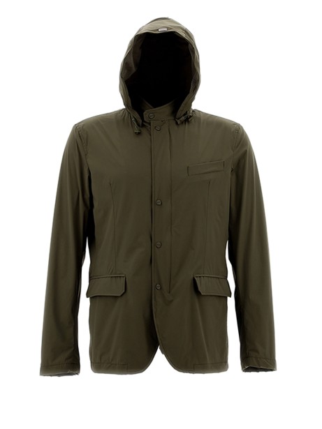 Military green jacket with buttons and hood