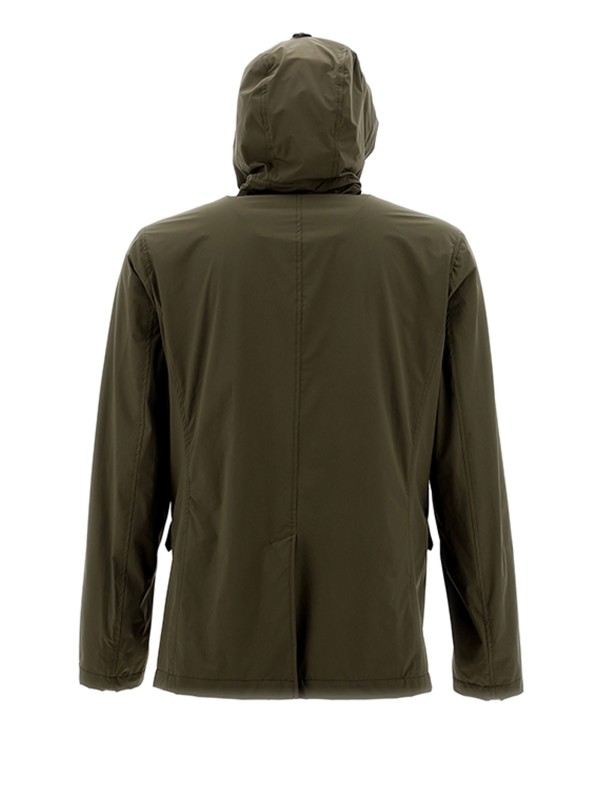 Military green jacket with buttons and hood