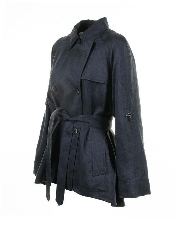 Navy blue double-breasted trench jacket with belt