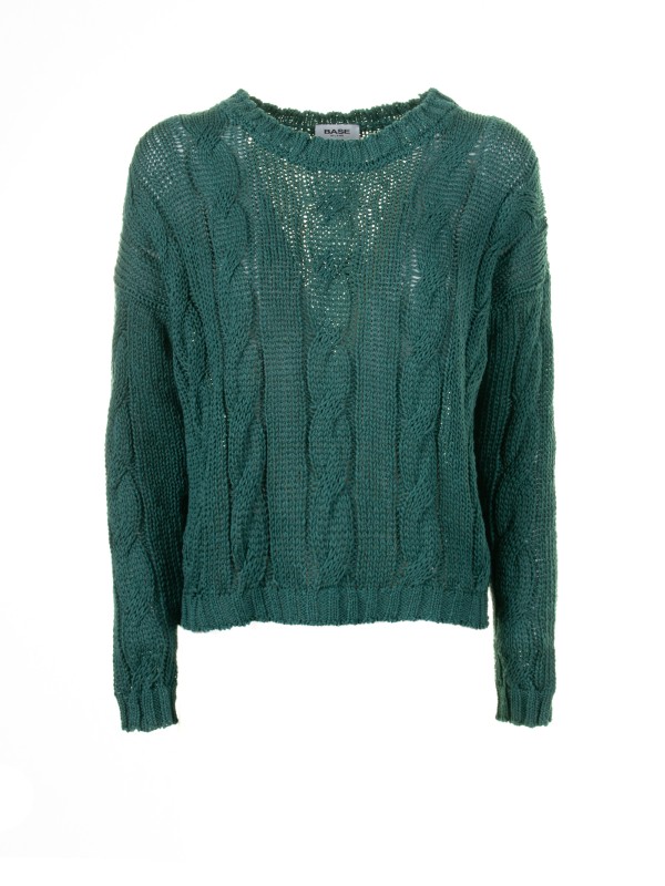 Maglia girocollo verde treccia Maglia girocollo verde treccia