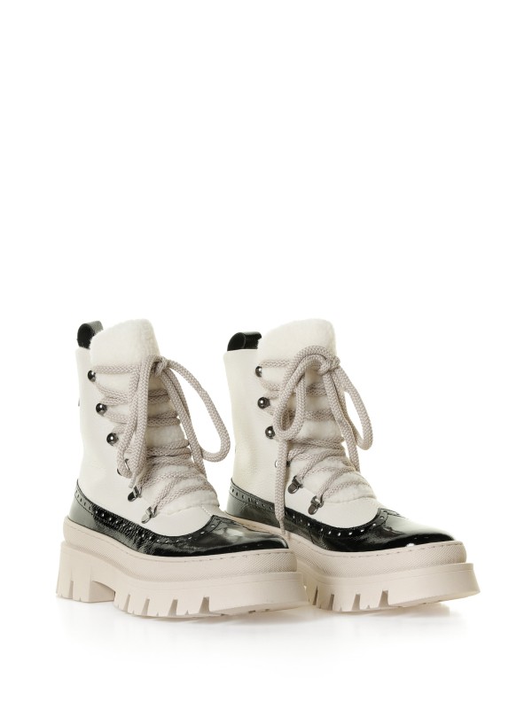 White leather ankle boot with patent leather details