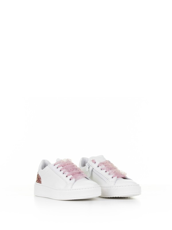 Sneaker in pelle con glitter rosa