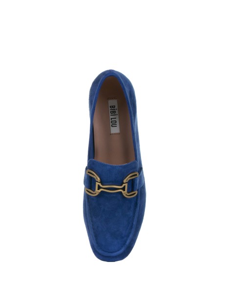 Blue suede moccasin with horsebit