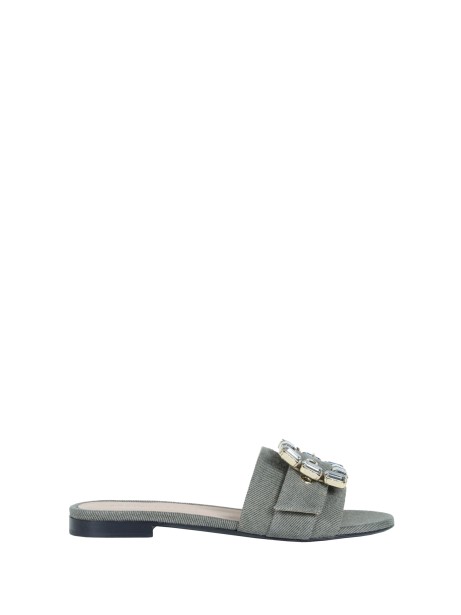 Ciabatta flat in jeans kaki con accessorio strass