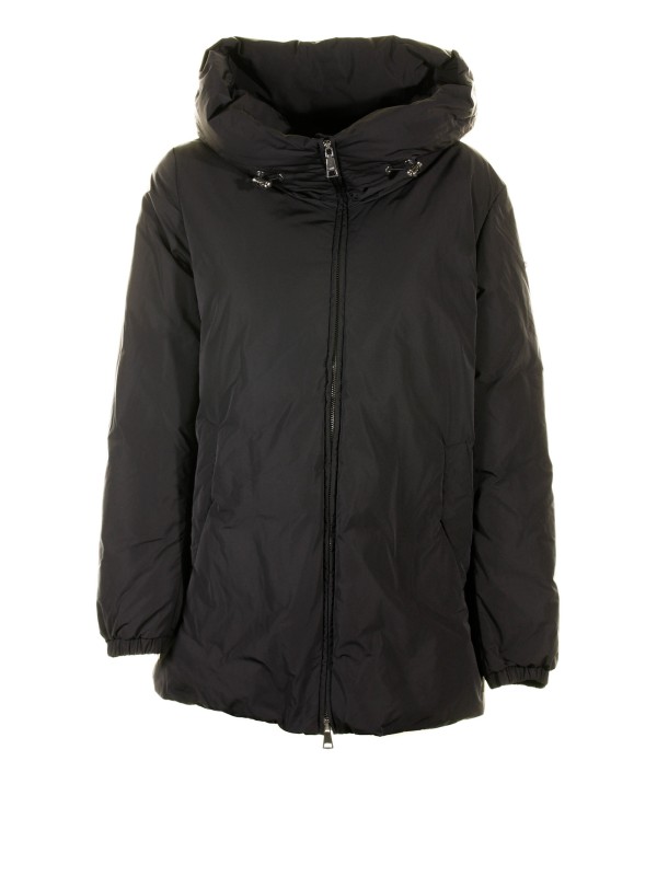 Black women's down jacket with maxi hood and zip