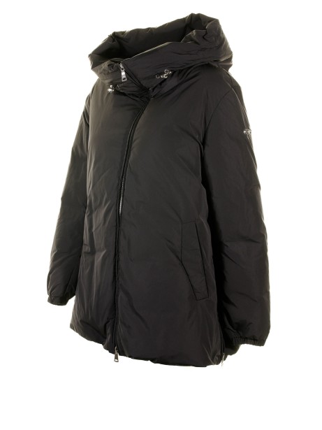 Black women's down jacket with maxi hood and zip 2