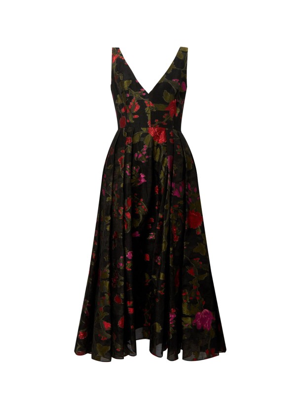 Long rose patterned dress with V-neck