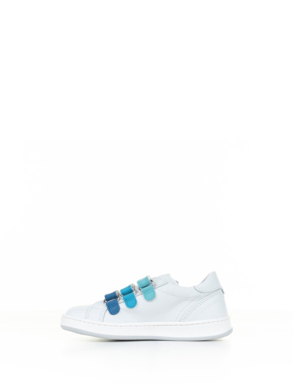 White and blue sneaker with strap