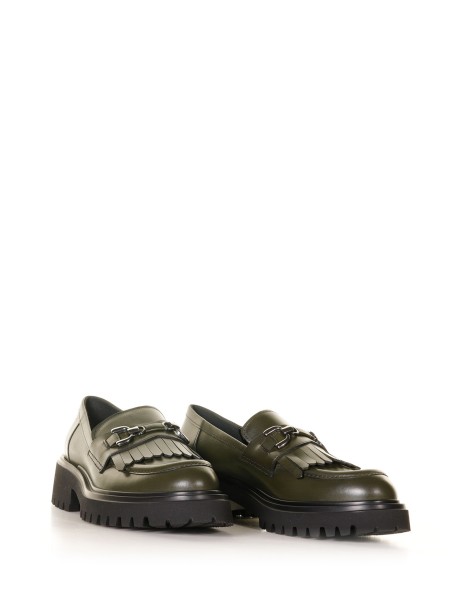 Green leather loafer with fringes