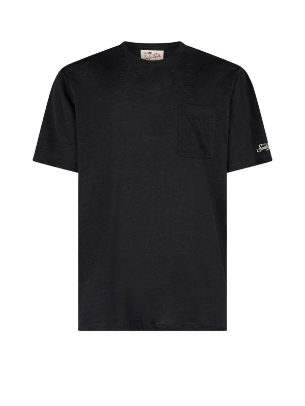 T-shirt nera con logo in jersey di lino T-shirt nera con logo in jersey di lino