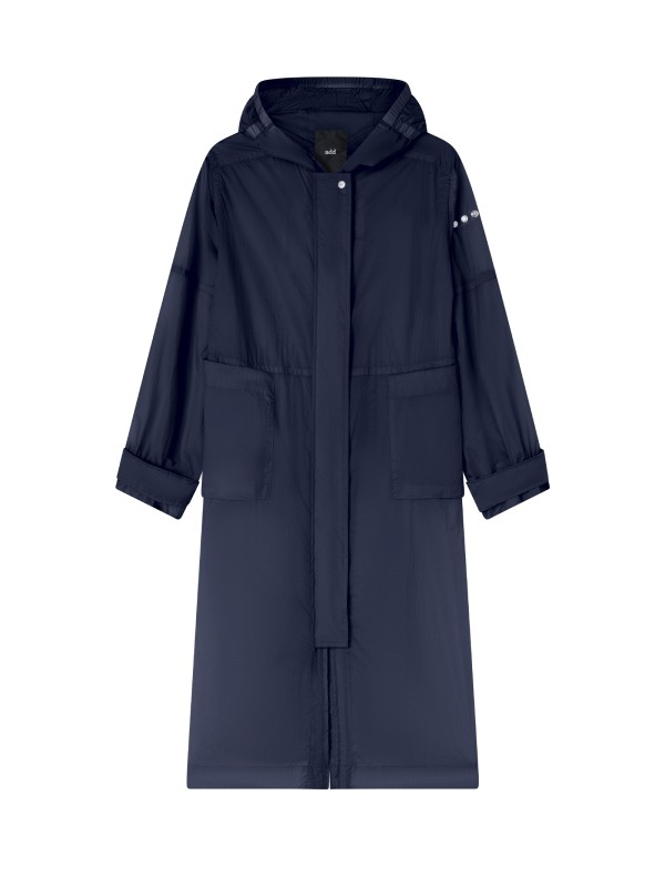 Long navy blue parka with hood