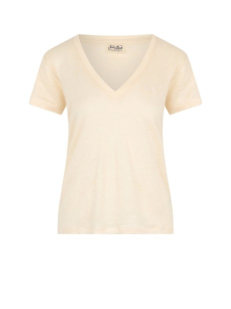 Women's peach V-neck t-shirt with logo