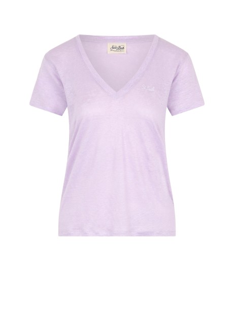 Women's lilac V-neck t-shirt with logo