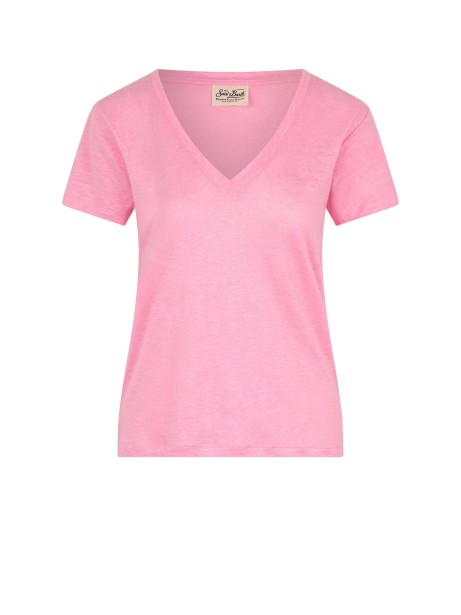 Pink V-neck women's t-shirt with logo