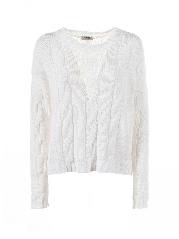 White crew-neck sweater with braid motif White crew-neck sweater with braid motif