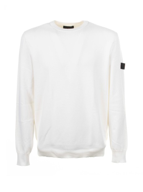 White crew-neck sweater with logo