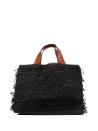 Black double handle bag in raffia with fringes