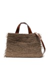 Brown double handle bag in raffia with fringes