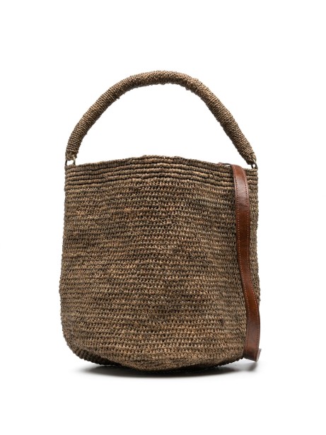 Brown raffia bucket bag with shoulder strap