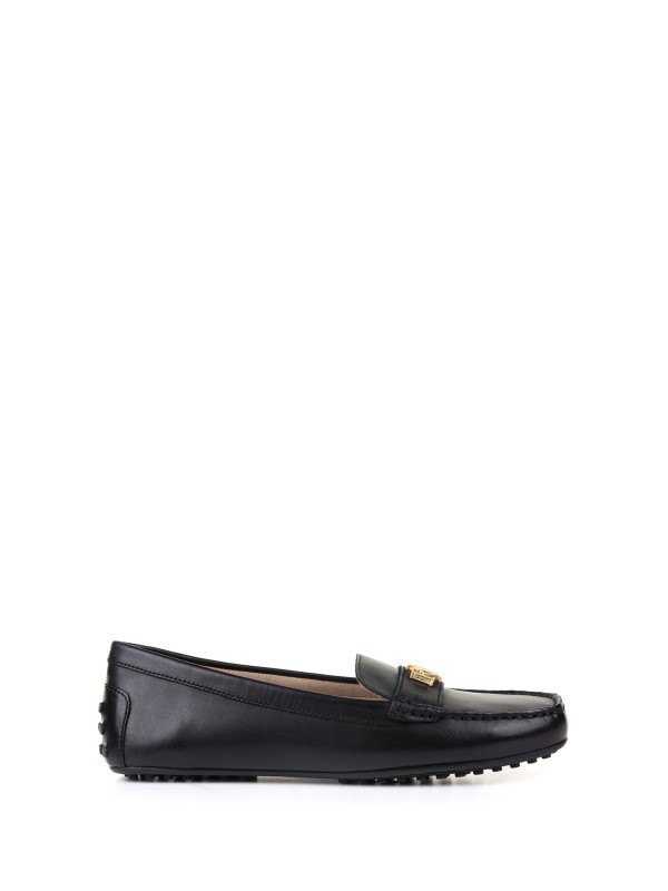 Mocassino gommino nero in pelle con placca logo Mocassino gommino nero in pelle con placca logo