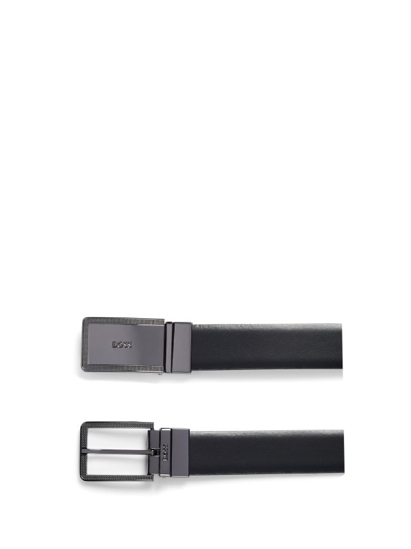 Leather belt with logo buckle