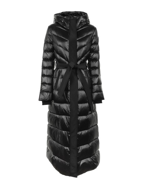 Long Maxi Quilted Glossy Down Jacket with Hood and Belt