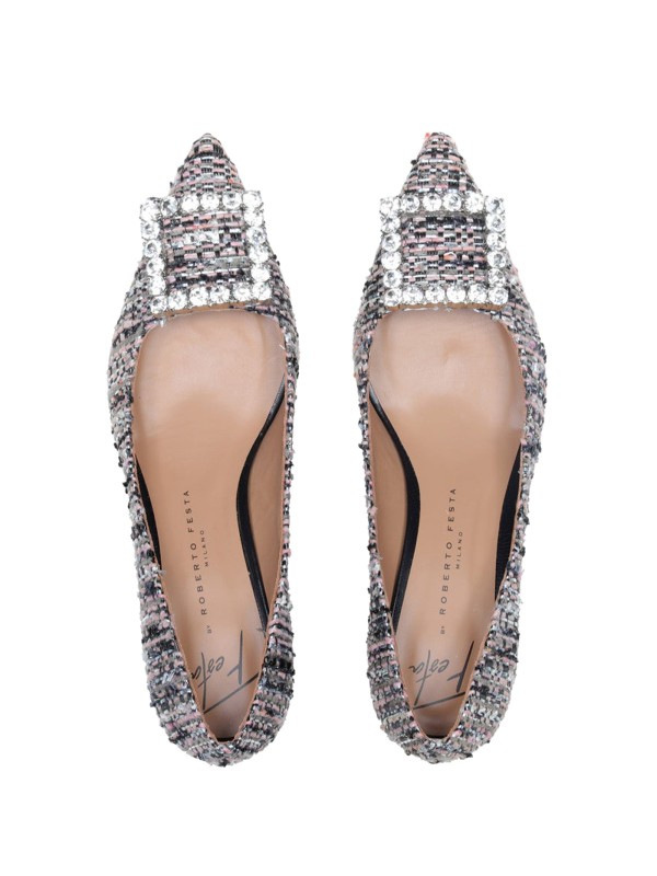 Evilly décolleté in bouclé fabric with rhinestone buckle