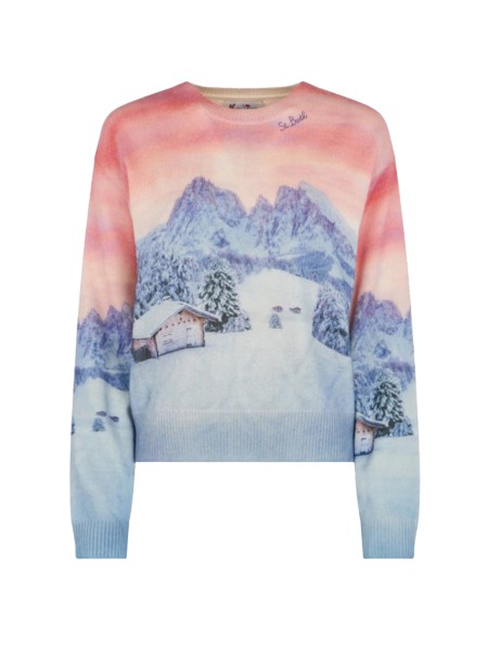 Crewneck sweater with sunset on chalet pattern