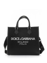 Tote bag in tela nera e pelle con logo a contrasto