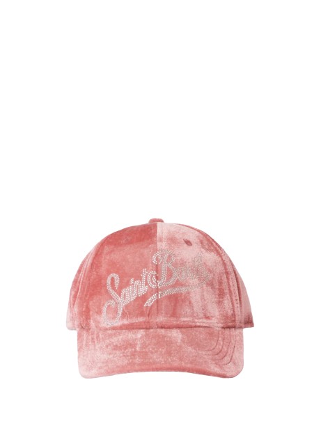 Cappellino da baseball in velluto rosa con logo in strass