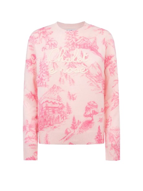 Sweater with toile de jouy print and Chalet and Rosè embroidery