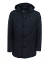 Piumino lungo blu navy con cappuccio