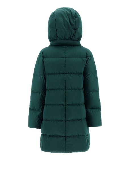 Piumino in raso verde con cappuccio e maxi coulisse