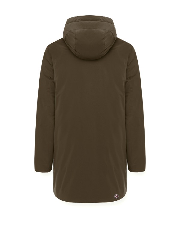 Piumino verde lungo reversibile con zip e cappuccio