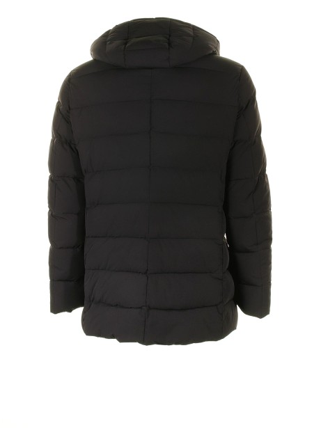 Black quilted down jacket with hood