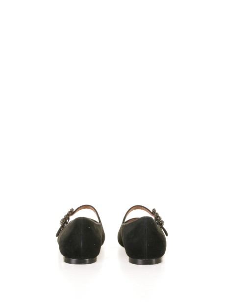 Suede ballerina with strap and rhinestones