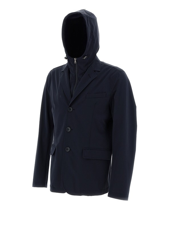 Navy blue jacket with buttons and hood