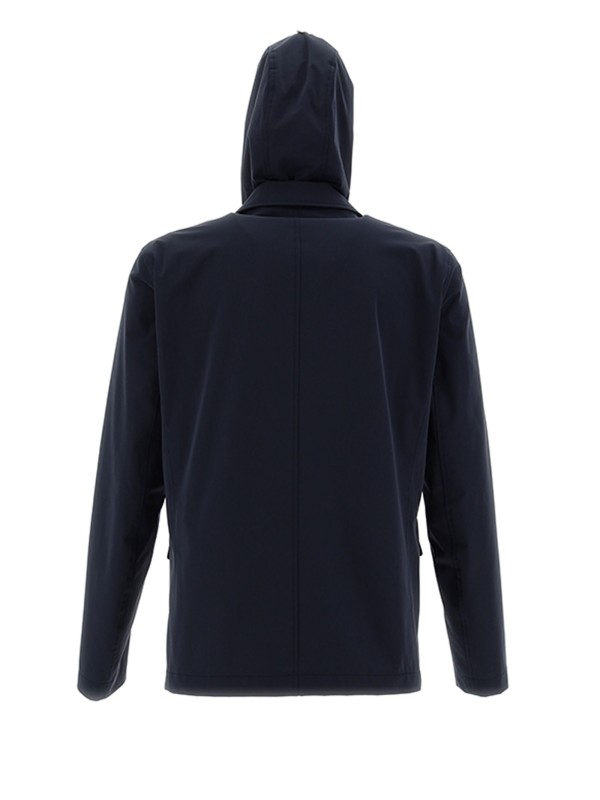 Navy blue jacket with buttons and hood