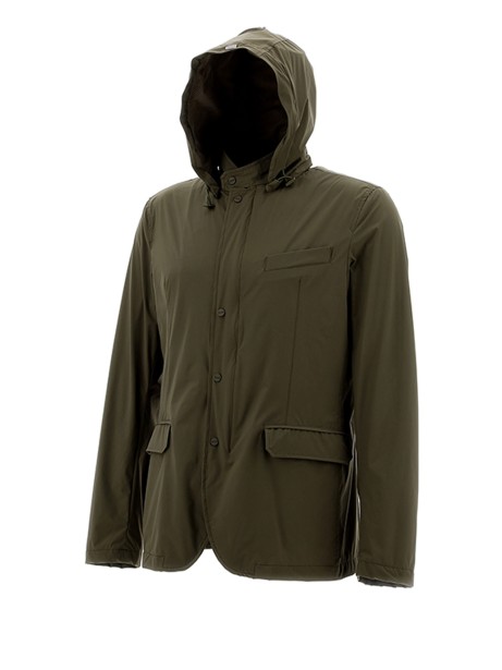 Military green jacket with buttons and hood