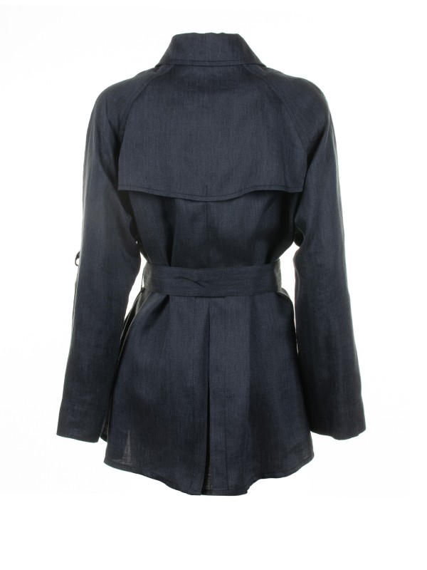 Navy blue double-breasted trench jacket with belt